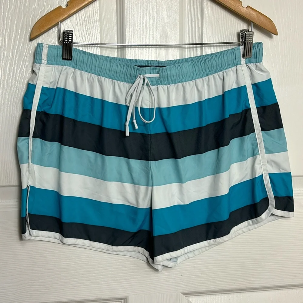 ATHLETA lined swim shorts size Large striped shorts elastic waist drawstring